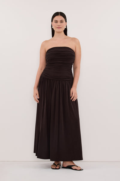 Jasmine wearing SHARI BURNT CHOC STRAPLESS BANDEAU MIDI DRESS