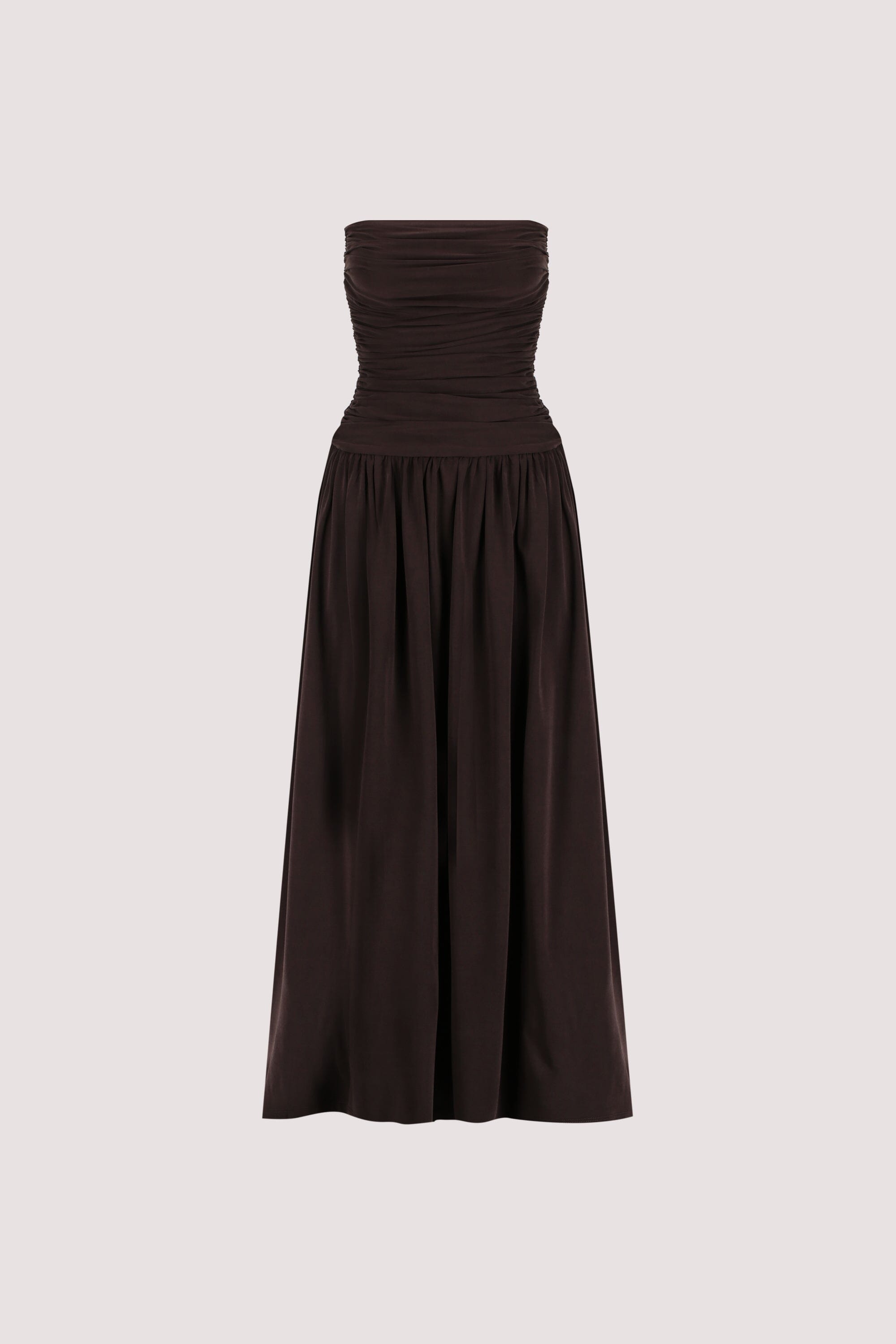 SHARI BURNT CHOC STRAPLESS BANDEAU MIDI DRESS