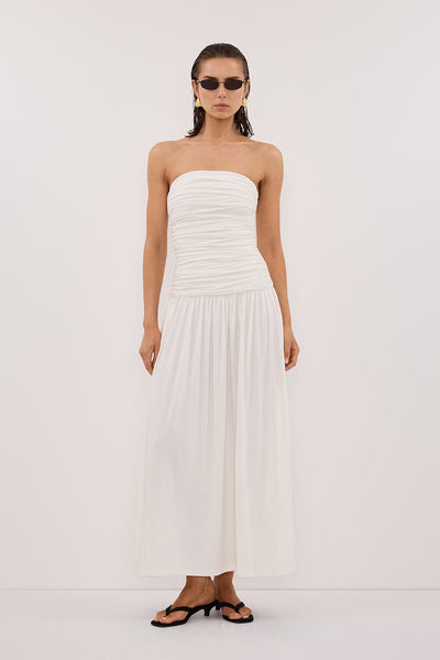 Stas wearing SHARI OFF WHITE STRAPLESS BANDEAU MIDI DRESS