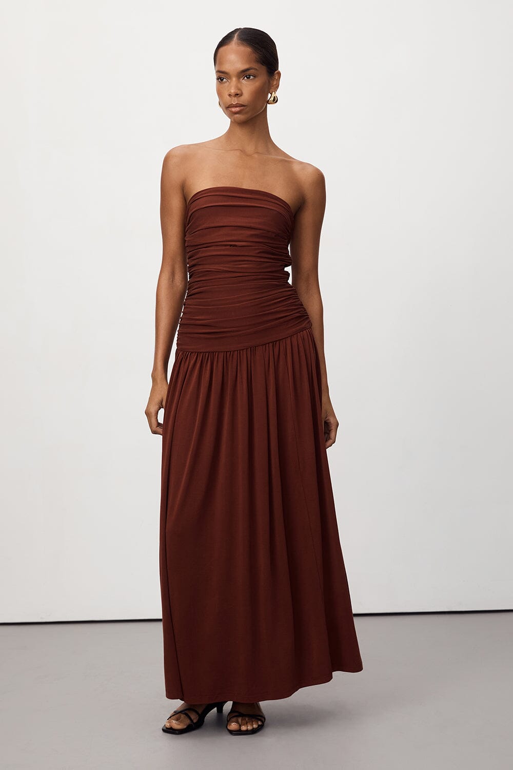 SHARI SAHARA STRAPLESS BANDEAU MIDI DRESS Clothing DISSH Boutiques XS SAHARA RED 
