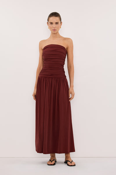 Stas wearing SHARI SAHARA STRAPLESS BANDEAU MIDI DRESS