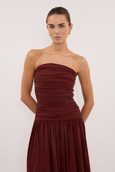 Kristen wearing SHARI SAHARA STRAPLESS BANDEAU MIDI DRESS