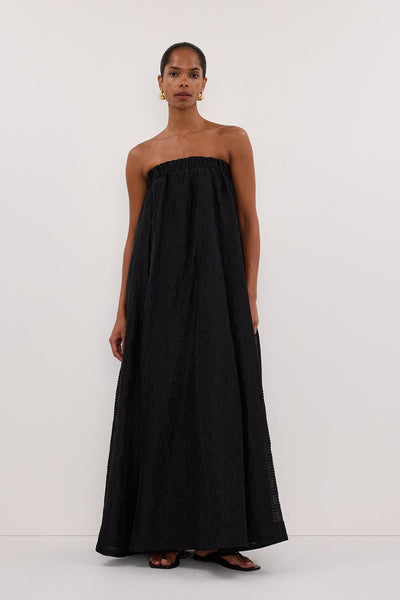 Kristen wearing ELBA BLACK SHEER STRAPLESS MIDI DRESS