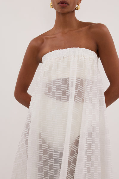 Stas wearing ELBA WHITE SHEER STRAPLESS MIDI DRESS