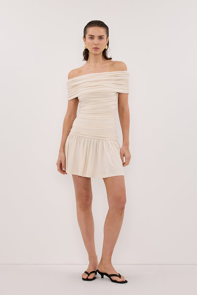 Stas wearing FEZ BONE OFF SHOULDER MINI DRESS