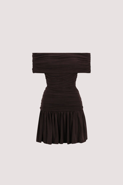 Carol wearing FEZ BURNT CHOC OFF SHOULDER MINI DRESS