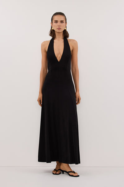 Stas wearing LYNN BLACK HALTER MIDI DRESS