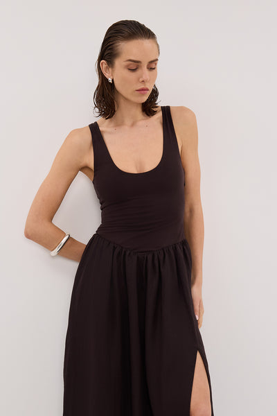 Stas wearing SKYLER BURNT CHOC HYBRID MIDI DRESS