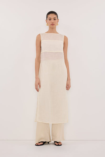 Aude wearing KAI STRAW SLEEVELESS RAMIE TUNIC TOP