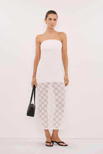 Stas wearing AGNES WHITE STRAPLESS CROCHET MAXI DRESS