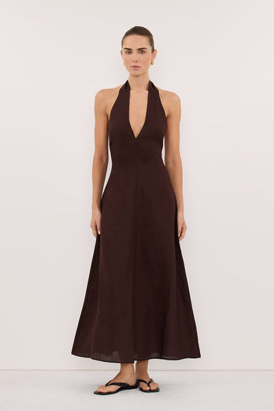 Stas wearing SKY BURNT CHOC LINEN MIDI DRESS