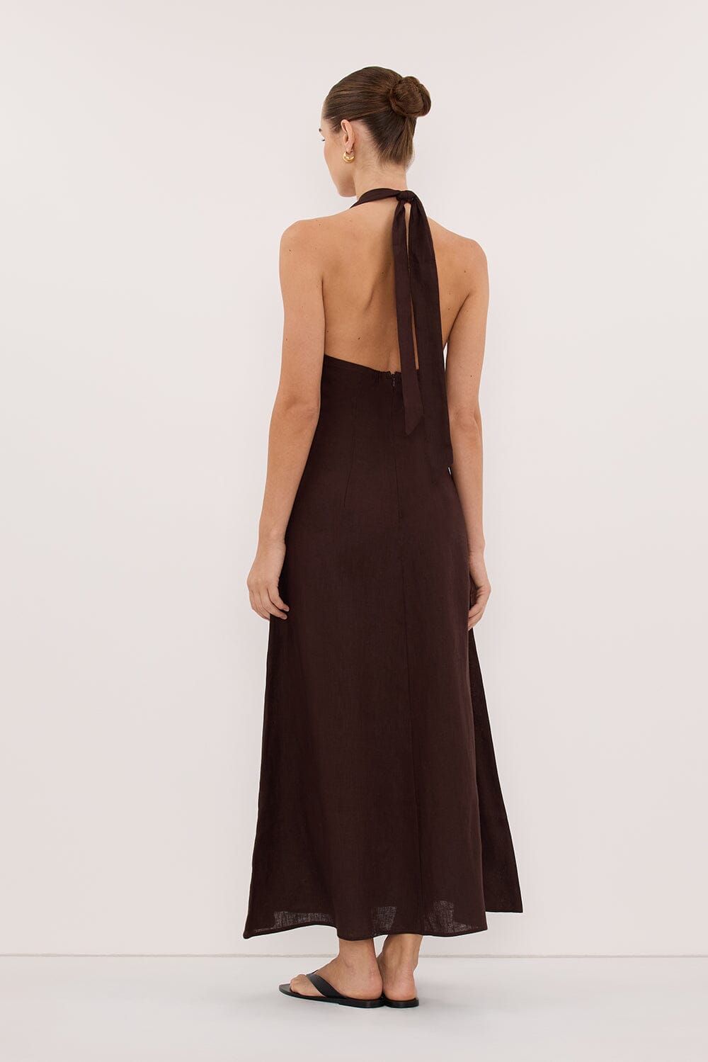 SKY BURNT CHOC LINEN MIDI DRESS