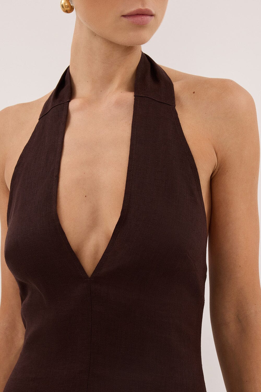 SKY BURNT CHOC LINEN MIDI DRESS