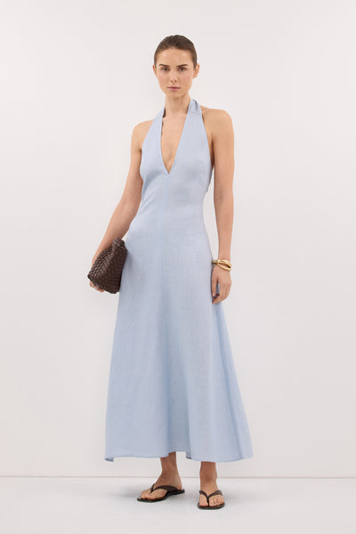 Stas wearing SKY DUSTY BLUE LINEN MIDI DRESS