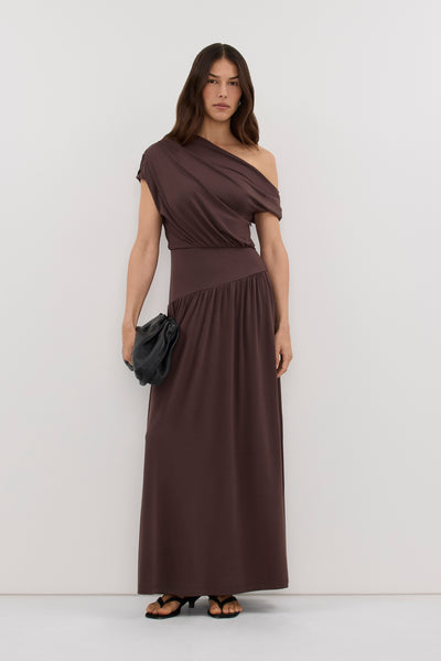 Helena  wearing ELSIE CHOC MODAL ASYM MAXI DRESS