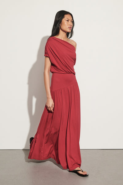 Ploy wearing ELSIE RED MODAL ASYM MAXI DRESS