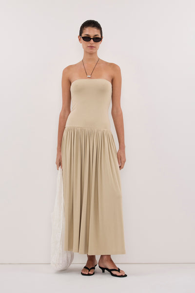 Aude wearing AVEN ELM SAGE BANDEAU MAXI DRESS
