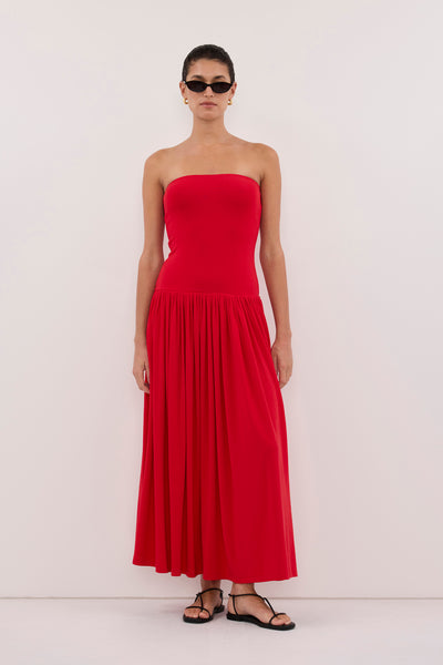 Aude wearing AVEN RED BANDEAU MAXI DRESS