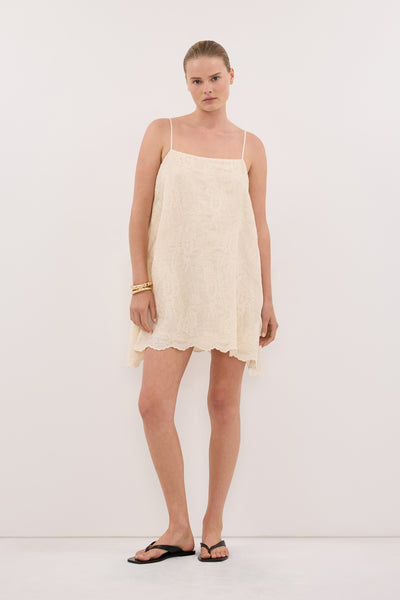Zoe wearing CORDELIA SANDSTONE RAMIE MINI DRESS