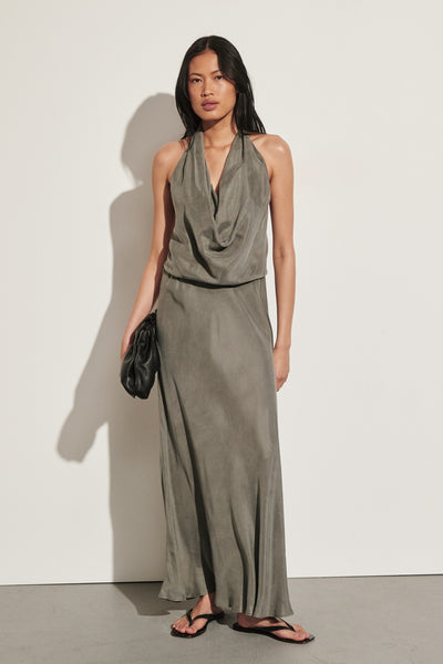 Ploy wearing ADELE STEEL GREY CUPRO MIDI DRESS