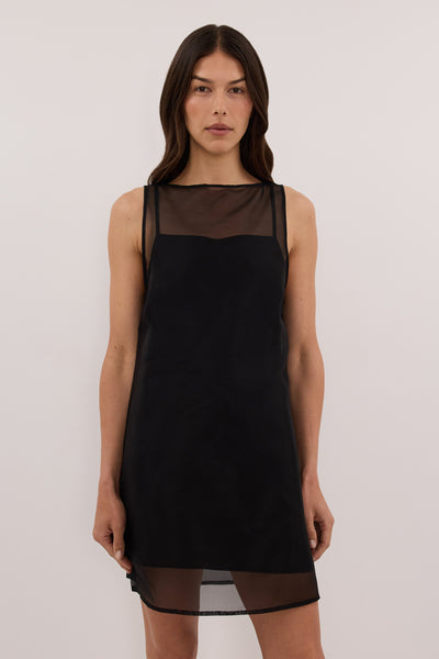 Helena  wearing SIAN BLACK SILK ORGANZA MINI DRESS