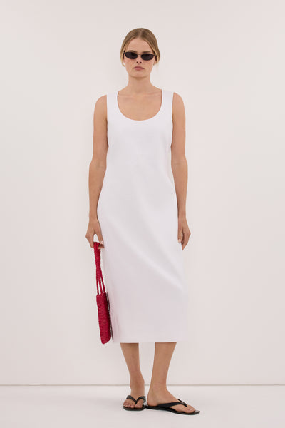 Zoe wearing AURELI WHITE LINEN MIDI DRESS