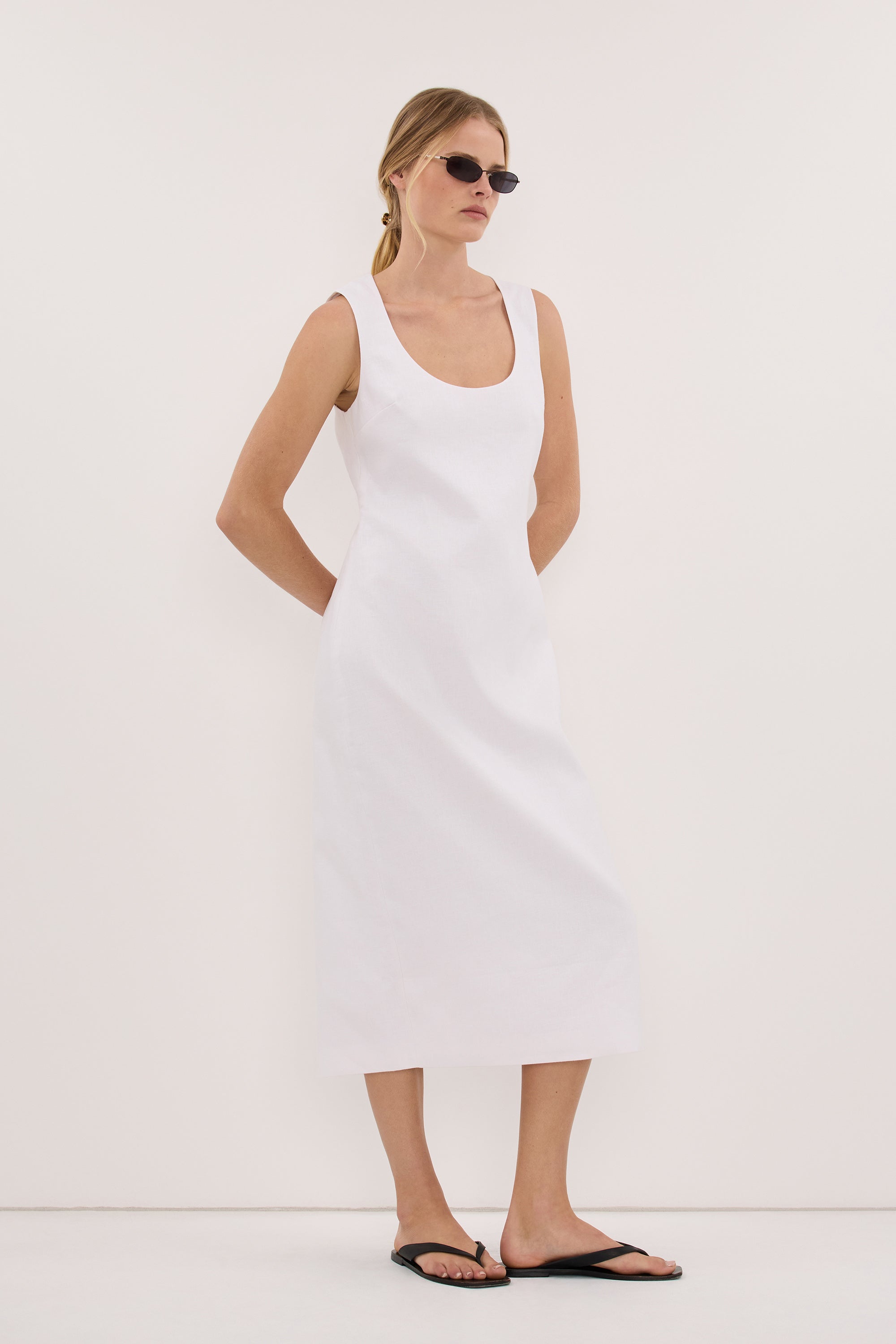 AURELI WHITE LINEN MIDI DRESS