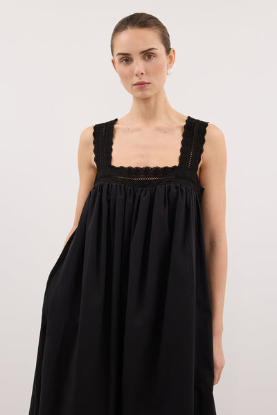 Stas wearing MIRANDA BLACK LACE TRIM MIDI DRESS