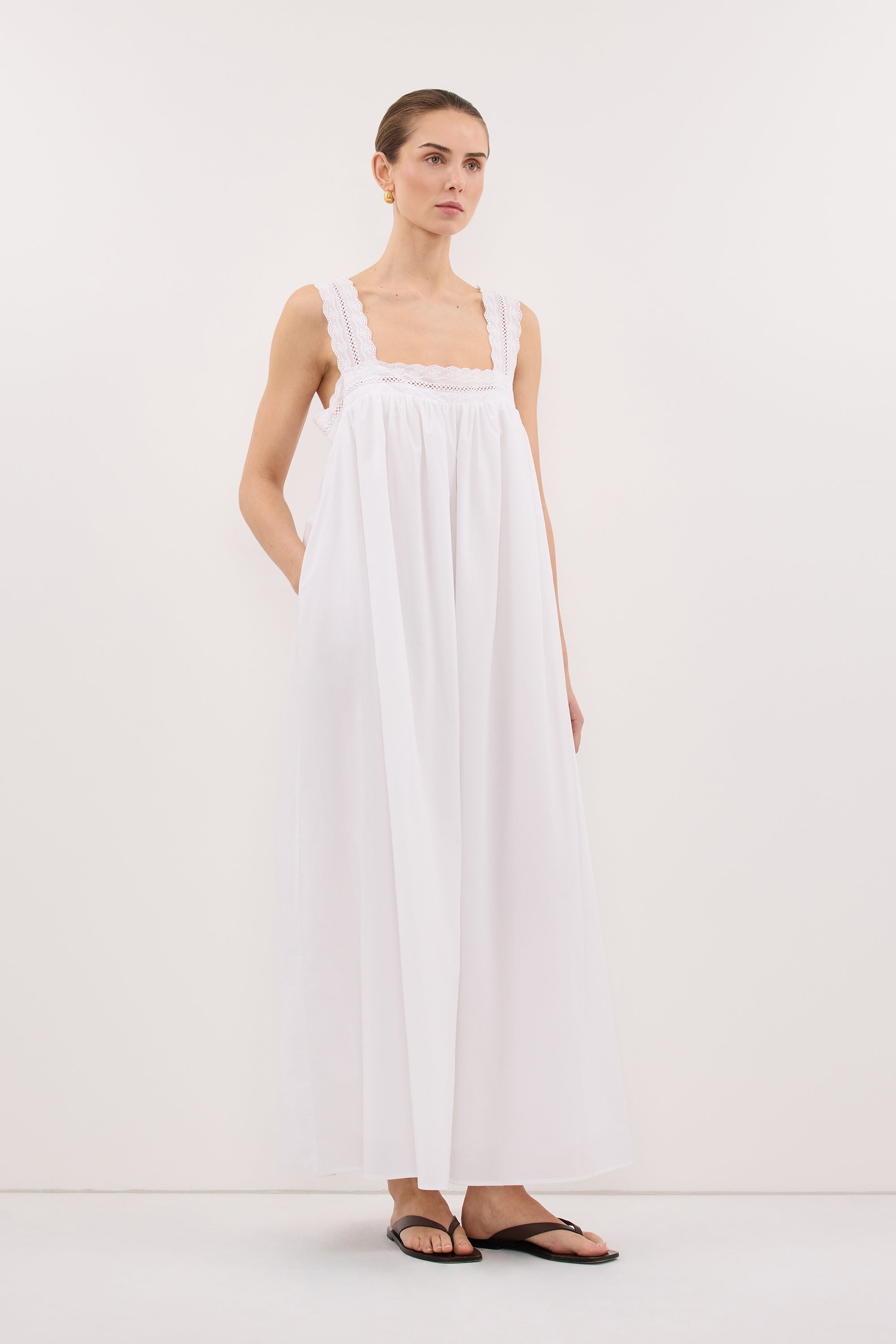 MIRANDA WHITE LACE TRIM MIDI DRESS