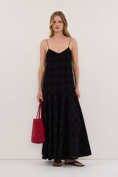 Zoe wearing ANNIKA BLACK COTTON MIDI DRESS