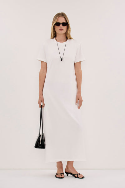 Zoe wearing DARCY WHITE SHOULDER PAD MAXI DRESS