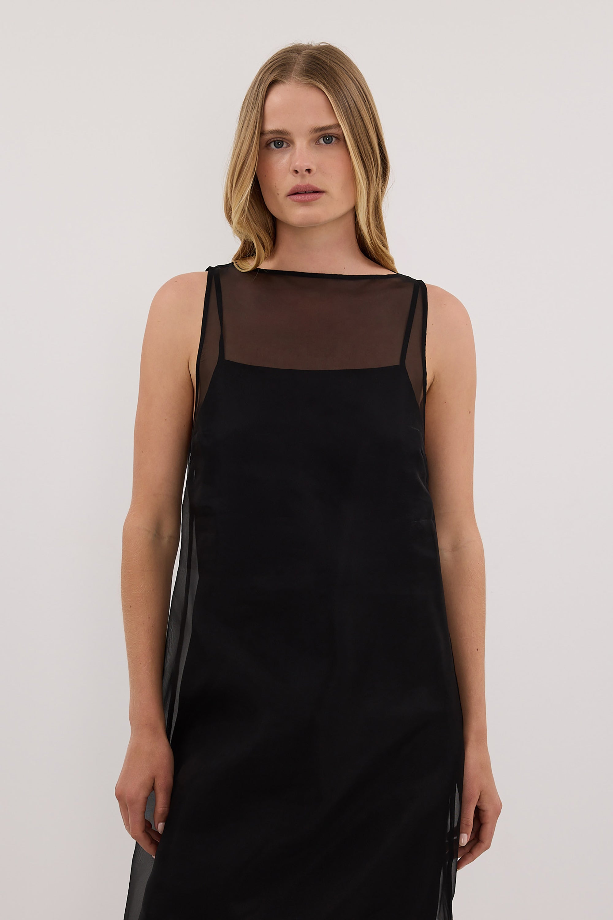 SIAN BLACK SILK ORGANZA MIDI DRESS