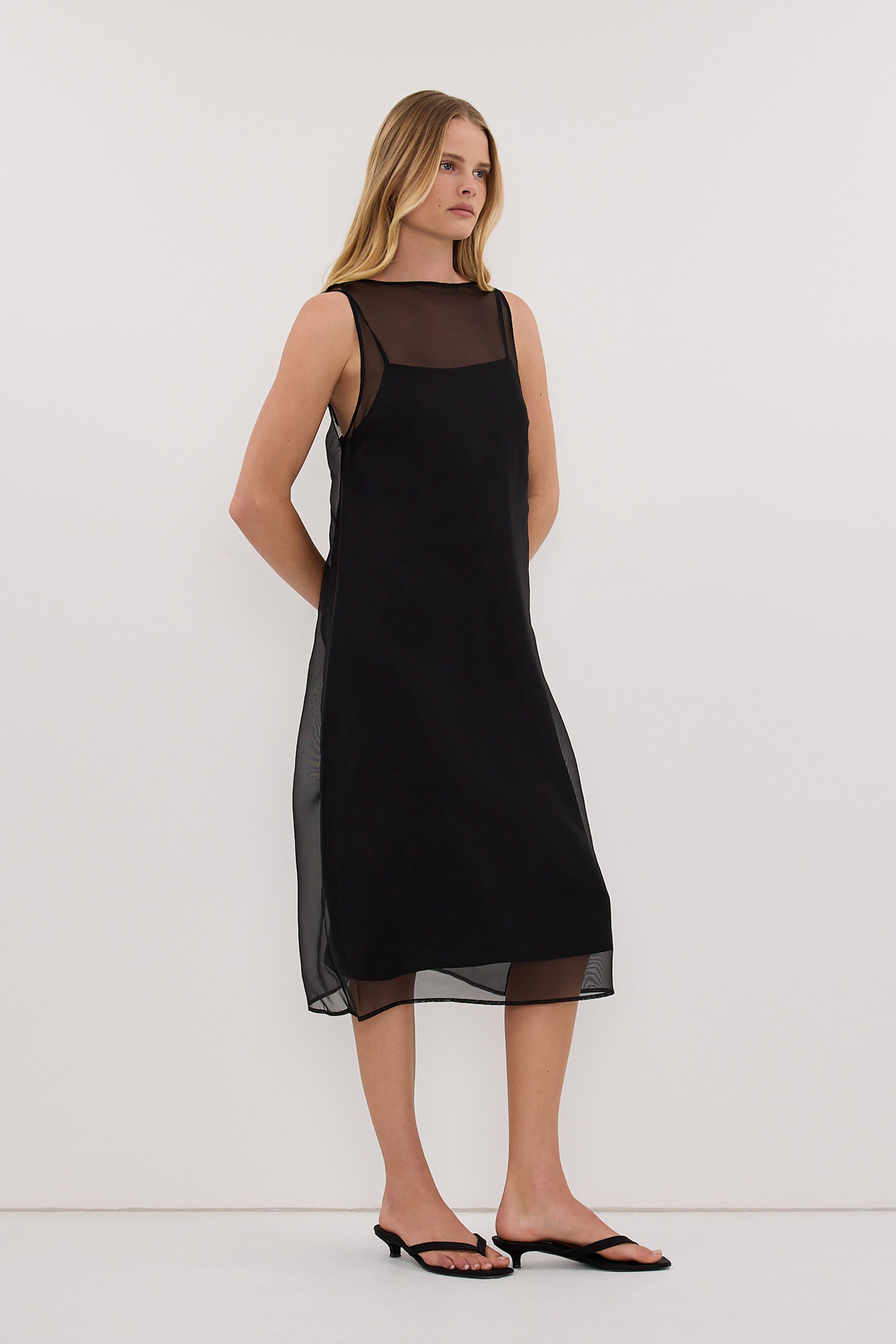 SIAN BLACK SILK ORGANZA MIDI DRESS