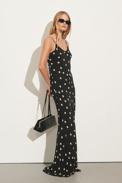 Zoe wearing CECILE SPOT SLIP MAXI DRESS - PRE ORDER