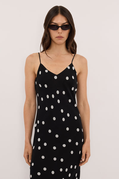 Helena  wearing CECILE SPOT SLIP MAXI DRESS - PRE ORDER