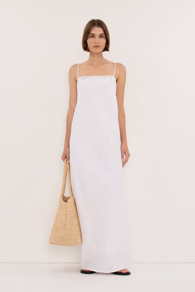 Lilly wearing ROSEMARY WHITE LINEN MIDI DRESS