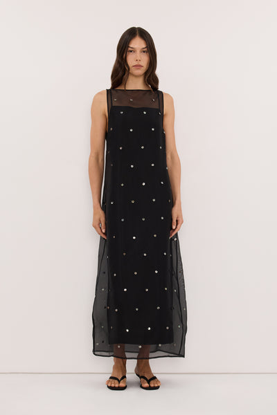 Helena  wearing SOLEIL BLACK SILK ORGANZA MIDI DRESS - PRE ORDER