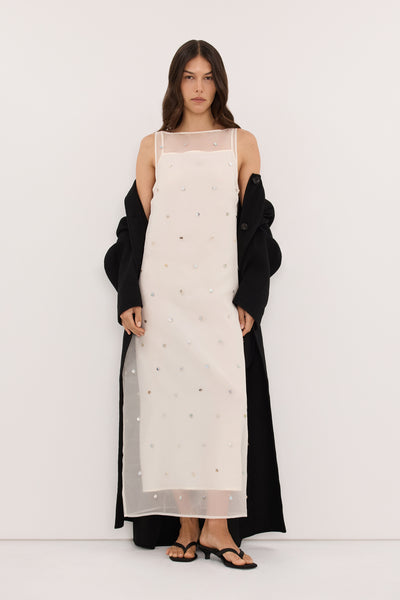 Helena  wearing SOLEIL IVORY SILK ORGANZA MIDI DRESS - PRE ORDER