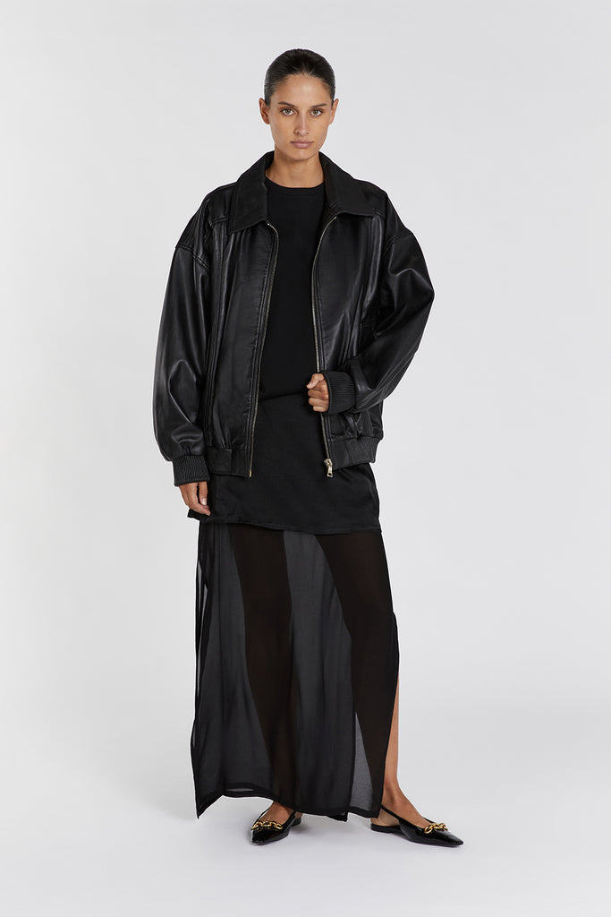 HUTTON BLACK LEATHER BOMBER JACKET | Dissh