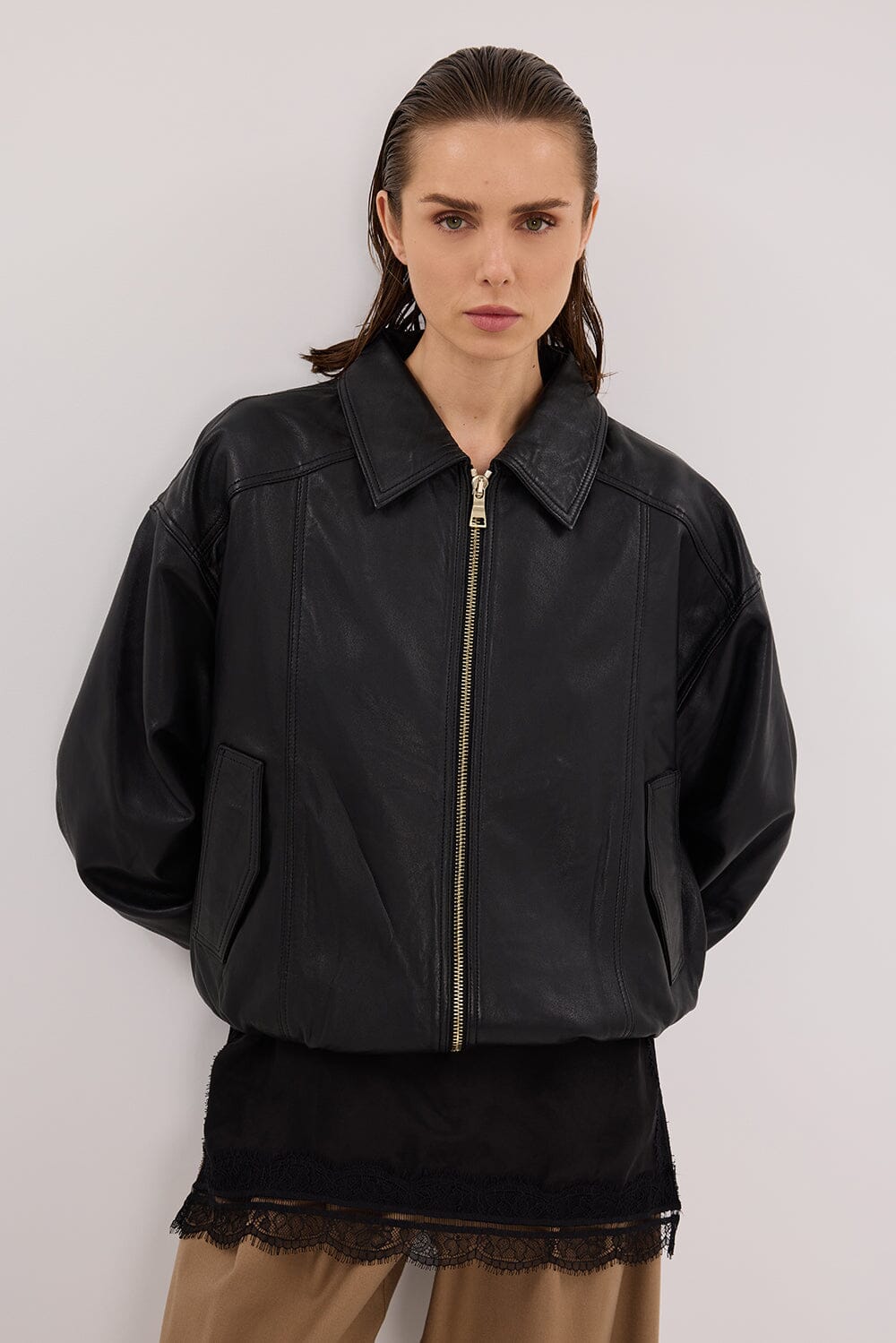 HUTTON BLACK LEATHER BOMBER JACKET Clothing DISSH Boutiques 