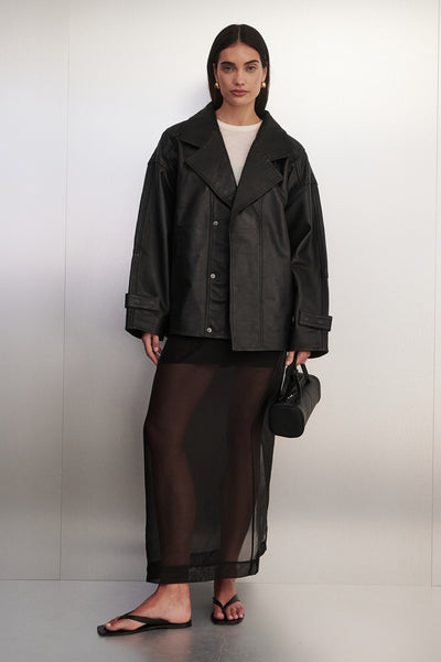 Holly wearing MARGOT BLACK OVERSIZED LEATHER JACKET