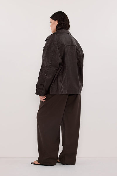Jasmine wearing MARGOT CHOC OVERSIZED LEATHER JACKET