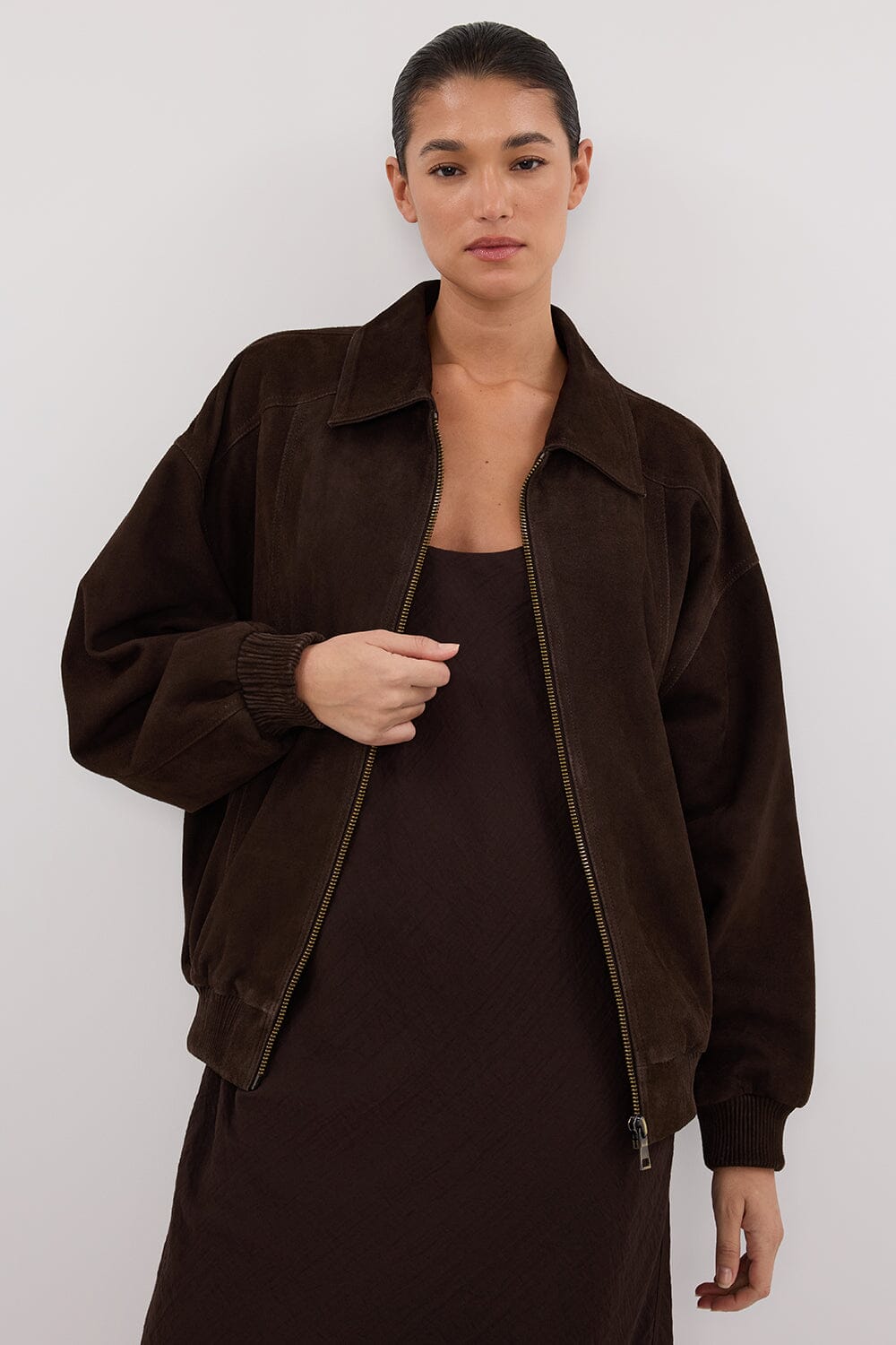 DALTON BITTER CHOC SUEDE BOMBER Clothing DISSH Boutiques 