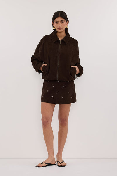 Zoe wearing DENVER BITTER CHOC SUEDE LEATHER BOMBER JACKET