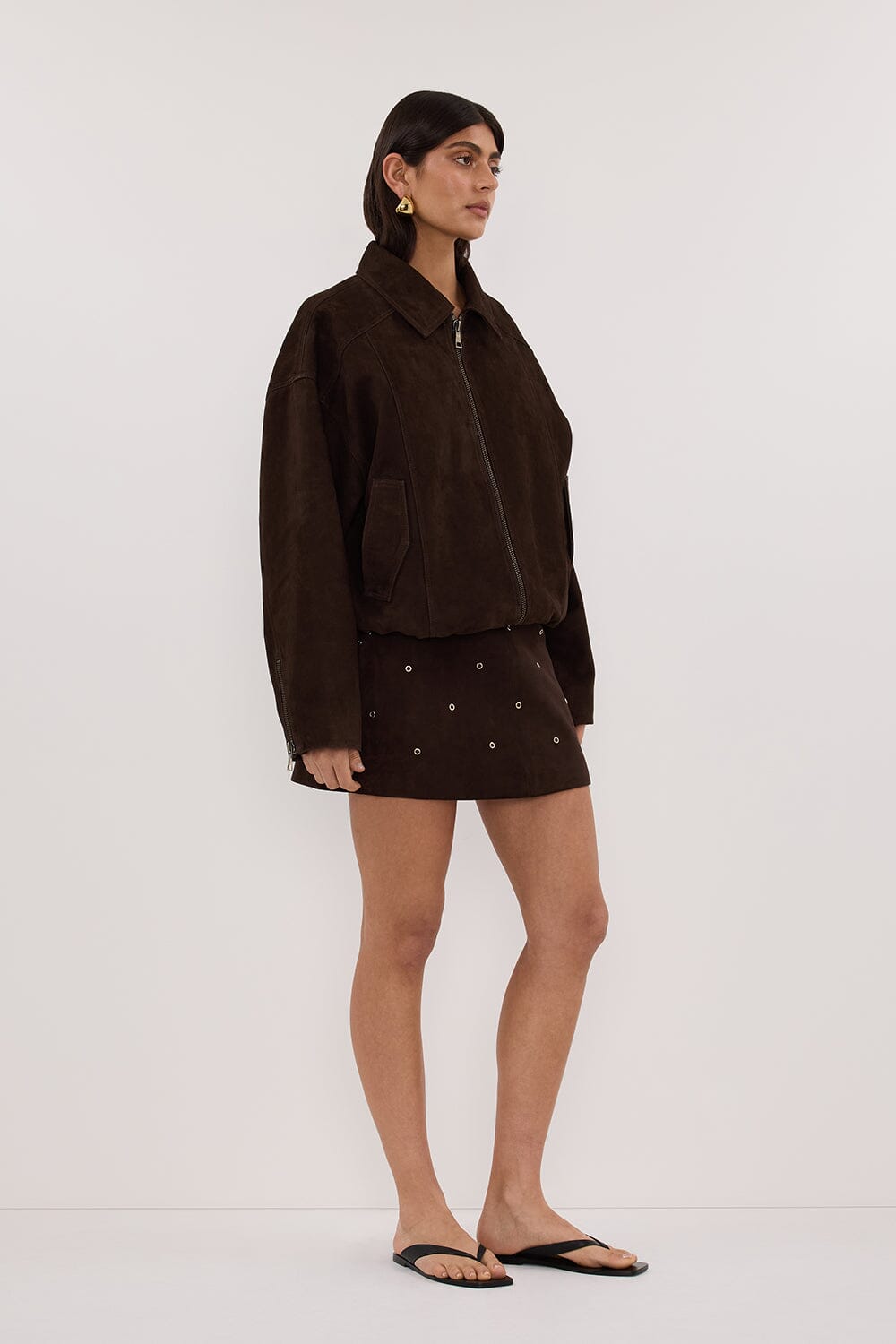 DENVER BITTER CHOC SUEDE LEATHER BOMBER JACKET Clothing DISSH Boutiques 