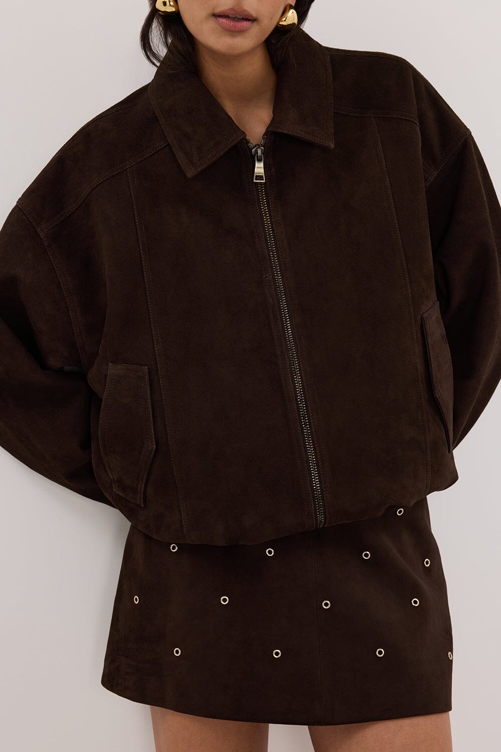 DENVER BITTER CHOC SUEDE LEATHER BOMBER JACKET Clothing DISSH Boutiques 