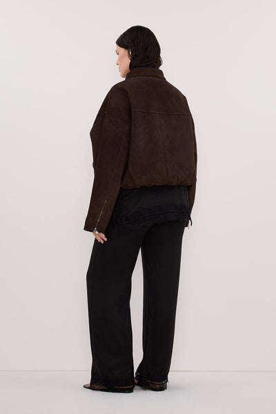 Jasmine wearing DENVER BITTER CHOC SUEDE LEATHER BOMBER JACKET
