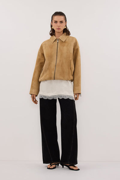 Stas wearing DENVER PAMPAS SUEDE LEATHER BOMBER JACKET