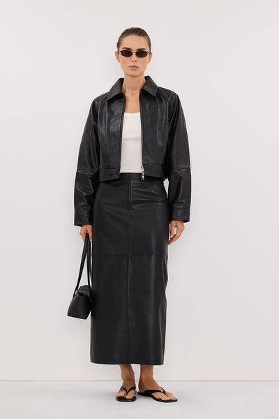 Stas wearing FREYA BLACK CROPPED LEATHER JACKET