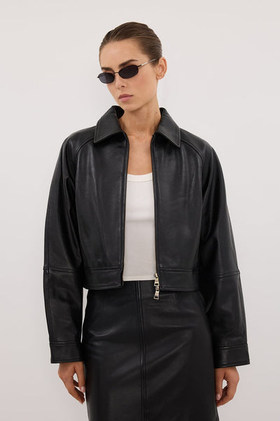 Stas wearing FREYA BLACK CROPPED LEATHER JACKET